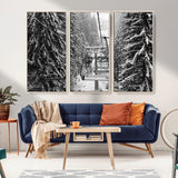 19240-MGV-CV-36X24-Ski Lift Wall Art – Black and White Winter Mountain Canvas Print, Snowy Forest Ski Resort Photography for Cabin, Lodge, Office or