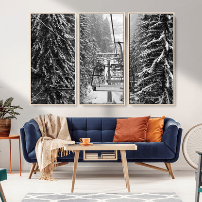 19240-MGV-CV-36X24-Ski Lift Wall Art – Black and White Winter Mountain Canvas Print, Snowy Forest Ski Resort Photography for Cabin, Lodge, Office or