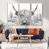 94579-MGV-CV-36X24-Highland Cow Wall Art – Black and White Longhorn Canvas Print, Rustic Western Farmhouse Animal Photography for Living Room,