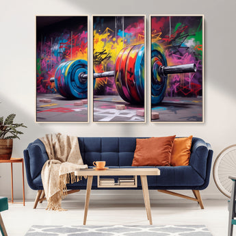 13549-MGV-CV-36X24-Graffiti Gym Wall Art Canvas Print, Framed Graffiti Barbell Art Picture Print, Weightlifting Perfect Fitness Studio Decor Artwork