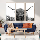 58188-MGV-CV-36X24-Highland Cow Wall Art – Black and White Rustic Farmhouse Canvas Print, Longhorn Cattle Photography Decor for Living Room or