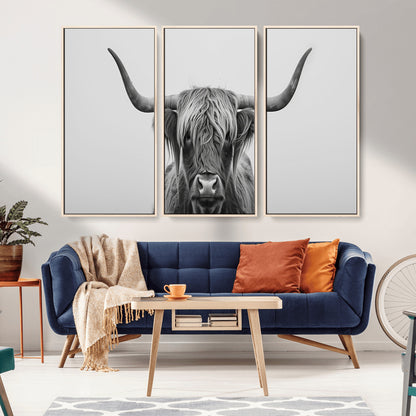35820-MGV-CV-36X24-Minimalist Highland Cow Wall Art – Black and White Longhorn Cattle Canvas Print, Modern Farmhouse Animal Photography Decor for