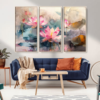 27936-MGV-CV-36X24-Lotus Pond Wall Art – Watercolor Pink Lotus Flowers Canvas Print, Tranquil Botanical Artwork for Bedroom, Living Room or