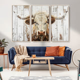 71551-MGV-CV-36X24-Longhorn Bull Wall Art – Rustic Western Cow Canvas Print, Farmhouse Animal Painting with Wood Plank Style for Living Room, Office
