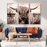 55903-MGV-CV-36X24-Highland Cow Wall Art – Rustic Sepia Scottish Highland Bull Canvas Print, Farmhouse Country Animal Decor for Living Room, Bedroom