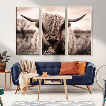 55903-MGV-CV-36X24-Highland Cow Wall Art – Rustic Sepia Scottish Highland Bull Canvas Print, Farmhouse Country Animal Decor for Living Room, Bedroom