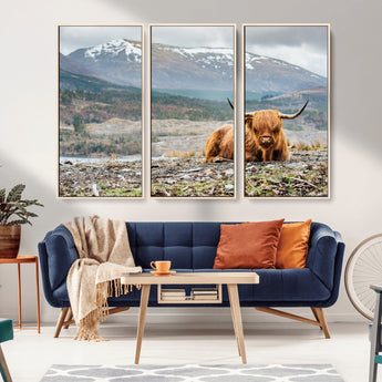 80252-MGV-FC-48X32-3P_Natural-Scottish Cow Wall Art Canvas Print, Framed Highland Cow Art Picture Print, Highland Cattle Perfect Rustic Farmhouse Decor Artwork