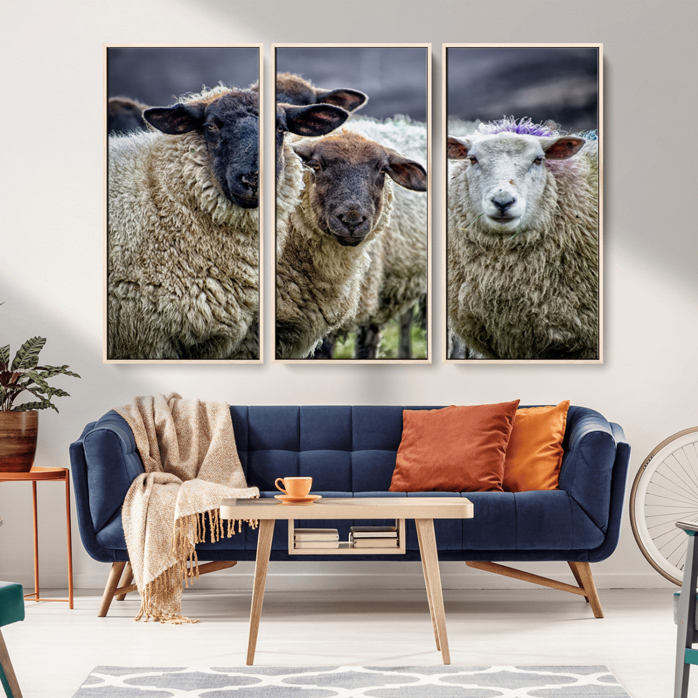 18418-MGV-FC-48X32-3P_Natural-Sheep Wall Art Canvas Print, Framed Farmhouse Sheep Art Picture Print, Sheep Herd Perfect Rustic Farmhouse Decor Artwork