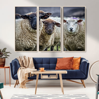 18418-MGV-FC-48X32-3P_Natural-Sheep Wall Art Canvas Print, Framed Farmhouse Sheep Art Picture Print, Sheep Herd Perfect Rustic Farmhouse Decor Artwork