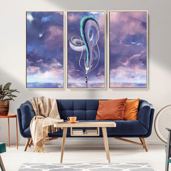 66864-MGV-FC-48X32-3P_Natural-Fantasy Dragon Wall Art – Mystical Canvas Print Girl and Sky Serpent Dreamlike Clouds, Magical Anime Inspired Decor for Living
