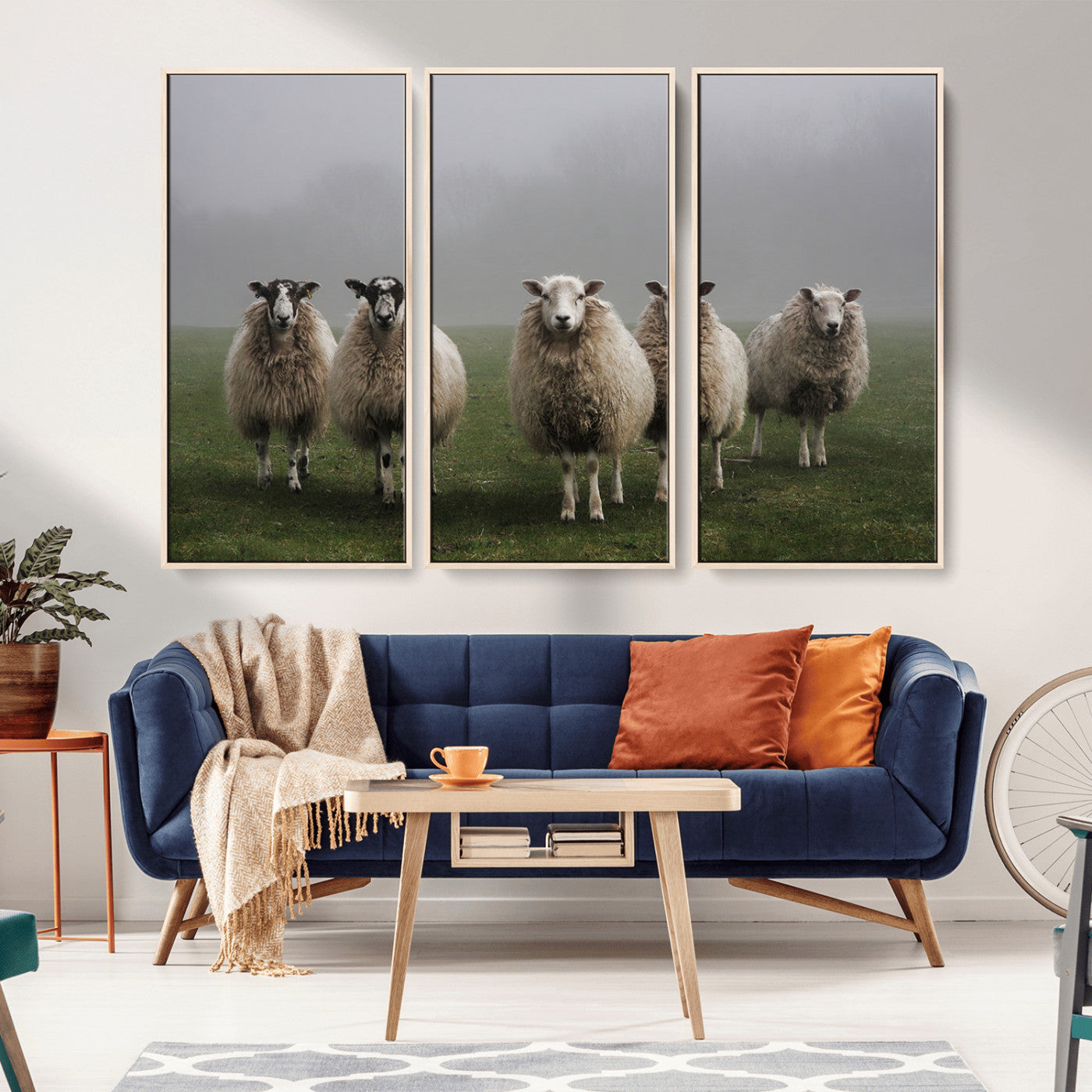 87339-MGV-FC-48X32-3P_Natural-Sheep Wall Art – Rustic Farmhouse Canvas Print Flock Standing Misty Field Countryside Photography, Country Animal Decor for Living