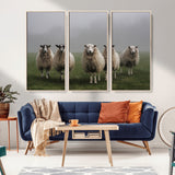 87339-MGV-FC-48X32-3P_Natural-Sheep Wall Art – Rustic Farmhouse Canvas Print Flock Standing Misty Field Countryside Photography, Country Animal Decor for Living