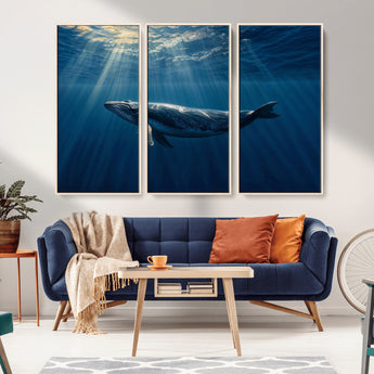 18052-MGV-FC-48X32-3P_Natural-Whale Wall Art – Majestic Ocean Canvas Print Marine Life Underwater Sunlight Scene, Nautical Coastal Decor for Living Room,
