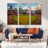 91908-MGV-FC-48X32-3P_Natural-Baseball Stadium Wall Art – Canvas Print Game Day Field City Skyline Iconic Arch Scene Sports Photography, Decor for Game Room,
