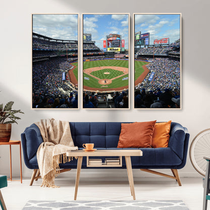22910-MGV-FC-48X32-3P_Natural-City Field Stadium Wall Art Canvas Print, Framed New York Stadium Art Picture Print, City Field Perfect Sport Room Decor Artwork