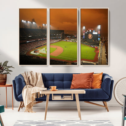 31315-MGV-FC-48X32-3P_Natural-Oracle Park Stadium Wall Art Canvas Print, Framed California Stadium Art Picture Print, Oracle Park Field Perfect Sport Room Decor