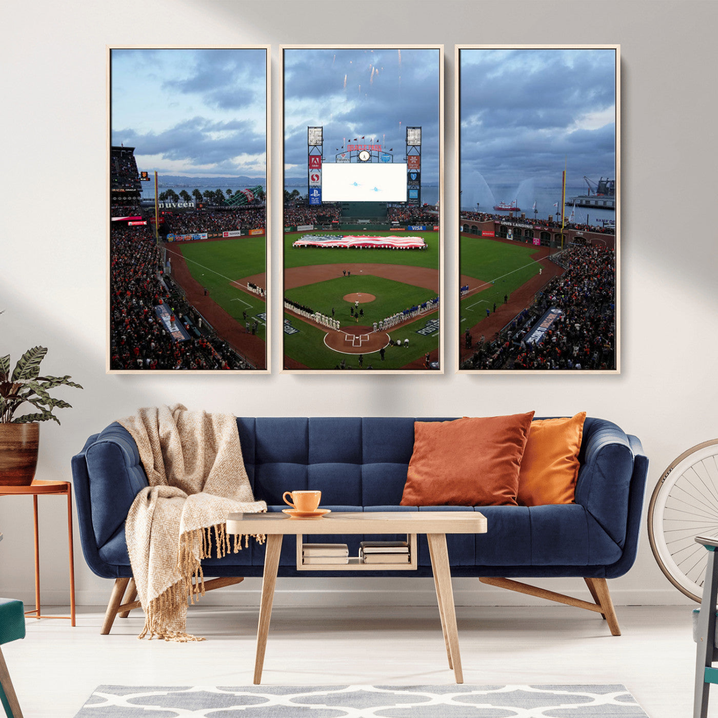 44631-MGV-FC-48X32-3P_Natural-Oracle Park Stadium Wall Art Canvas Print, Framed San Francisco Giants Art Picture Print, Giants Stadium Field Perfect Sports Room