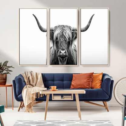 49556-MGV-CV-36X24-Highland Cow Wall Art – Black and White Scottish Highland Cattle Print, Rustic Farmhouse Minimalist Animal Portrait Canvas for