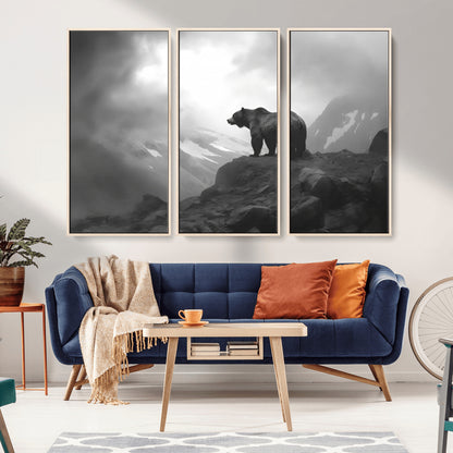 49504-MGV-CV-36X24-Black and White Grizzly Bear Wall Art – Wilderness Wildlife Painting, Rustic Mountain Cabin Decor, Monochrome Animal Print for