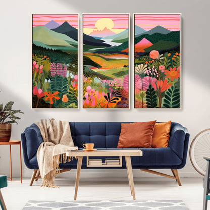 99638-MGV-CV-36X24-Sunset Meadow Wall Art – Panoramic Mountain Landscape with Wildflowers Canvas Print, Vibrant Nature Decor for Living Room, Bedroom