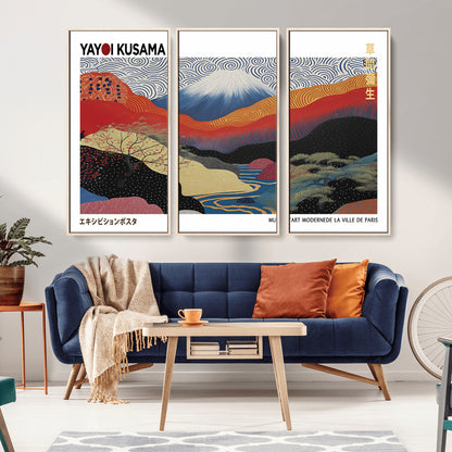 14839-MGV-CV-36X24-Yayoi Kusama Wall Art – Panoramic Mountain & River Canvas Print, Modern Abstract Japanese Landscape Decor for Living Room or