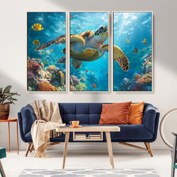 37623-MGV-CV-36X24-Sea Turtle Wall Art – Underwater Ocean Canvas Print with Coral Reef and Tropical Fish, Marine Life Painting Poster for Living