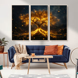 60194-MGV-CV-36X24-Glowing Tree Wall Art – Golden Roots Fantasy Canvas Print, Mystical Illuminated Tree Painting Poster for Living Room, Bedroom,