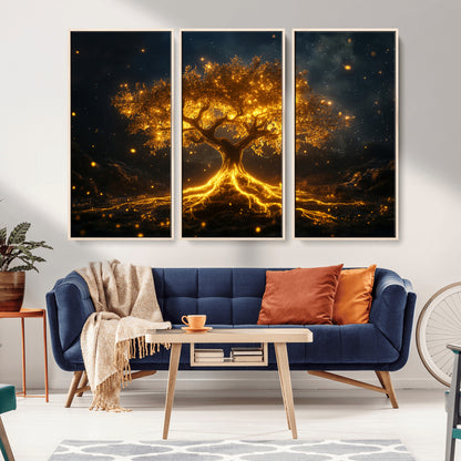 60194-MGV-CV-36X24-Glowing Tree Wall Art – Golden Roots Fantasy Canvas Print, Mystical Illuminated Tree Painting Poster for Living Room, Bedroom,
