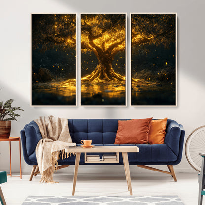 59580-MGV-CV-36X24-Glowing Tree Wall Art – Golden Fantasy Nature Canvas Print, Mystical Illuminated Tree Painting Poster for Living Room, Bedroom,