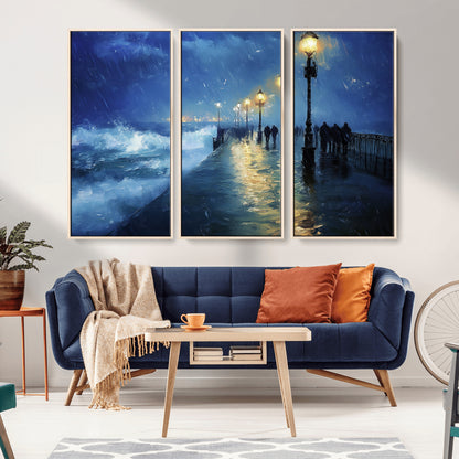 76572-MGV-CV-36X24-Stormy Night Pier Wall Art – Ocean Waves and Street Lamps Canvas Print, Rainy Seascape Oil Painting Poster for Living Room,