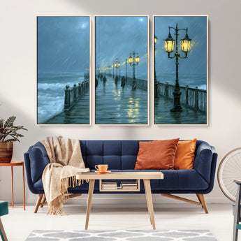 79606-MGV-CV-36X24-Rainy Pier Night Wall Art – Ocean Waves and Street Lamps Canvas Print, Moody Seascape Oil Painting Poster for Living Room,