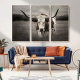 69238-MGV-CV-36X24-Longhorn Bull Wall Art – Rustic Black and White Texas Cattle Canvas Print, Western Farmhouse Animal Photography for Living Room,