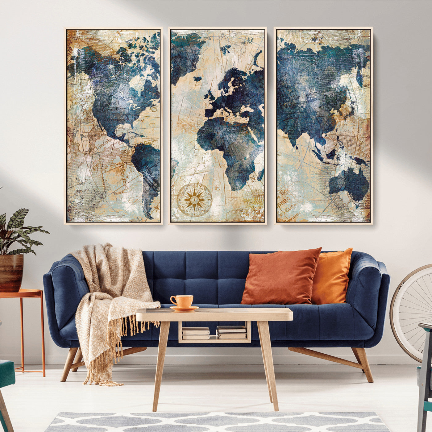 84561-MGV-CV-36X24-World Map Wall Art – Vintage Antique Style Canvas Print, Rustic Blue and Tan Map Painting Poster for Living Room, Bedroom, Office