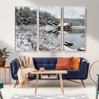 94285-MGV-FC-48X32-3P_Natural-Snowy Cabin Wall Art Canvas Print, Framed Winter Cabin Art Picture Print, Mountain Lake Perfect Snowy Nature Decor Artwork