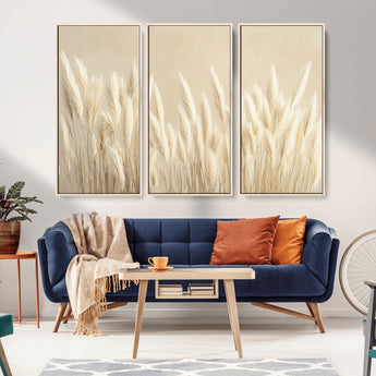 81444-MGV-FC-48X32-3P_Natural-Pampas Grass Wall Art Canvas Print, Framed Beige Pampas Grass Art Picture Print, Minimalist Beige Perfect Minimalist Nature Decor