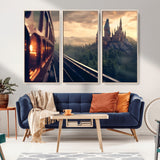 84029-MGV-FC-48X32-3P_Natural-Fantasy Castle Wall Art – Magical Train Sunset Forest Canvas Print, Enchanted Landscape Painting Poster for Living Room, Bedroom,