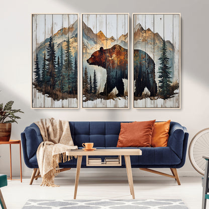 55777-MGV-FC-48X32-3P_Natural-Rustic Bear Wall Art Canvas Print, Framed Mountain and Forest Art Picture Print, Wooden Bear Perfect Rustic Lodge Decor Artwork