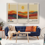 88180-MGV-FC-48X32-3P_Natural-Yayoi Kusama Landscape Wall Art – Abstract Dotted Mountain Canvas Print, Retro Sun Poster for Modern Living Room, Office or