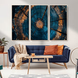65231-MGV-CV-36X24-Blue and Gold Tree Ring Wall Art – Rustic Abstract Wood Slice Canvas Print, Modern Nature Inspired Artwork for Living Room,