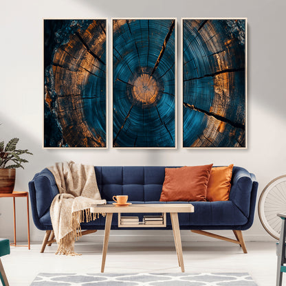 65231-MGV-CV-36X24-Blue and Gold Tree Ring Wall Art – Rustic Abstract Wood Slice Canvas Print, Modern Nature Inspired Artwork for Living Room,