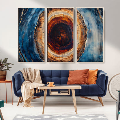 30457-MGV-CV-36X24-Tree Ring Abstract Wall Art – Blue and Brown Wood Grain Canvas Print, Modern Nature Inspired Painting for Rustic Living Room,