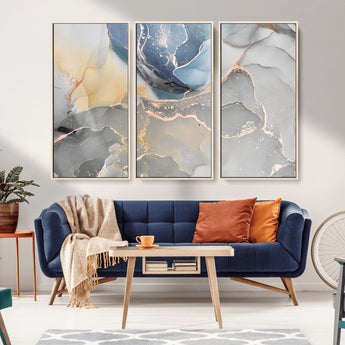 18176-MGV-CV-36X24-Abstract Fluid Wall Art – Modern Marble Ink Canvas Print with Blue, Gold, and Gray Tones, Contemporary Minimal Artwork Decor for