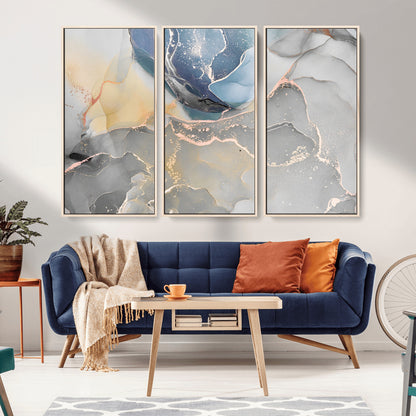 18176-MGV-CV-36X24-Abstract Fluid Wall Art – Modern Marble Ink Canvas Print with Blue, Gold, and Gray Tones, Contemporary Minimal Artwork Decor for