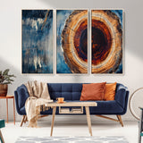 48045-MGV-CV-36X24-Tree Ring Abstract Wall Art – Rustic Wood Grain Canvas Print with Brown Center and Blue Brush Strokes, Nature Inspired Artwork for