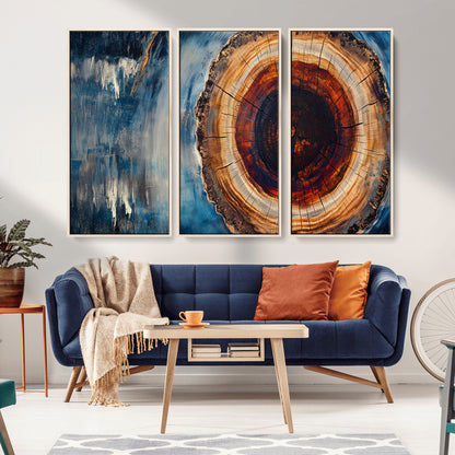 48045-MGV-CV-36X24-Tree Ring Abstract Wall Art – Rustic Wood Grain Canvas Print with Brown Center and Blue Brush Strokes, Nature Inspired Artwork for