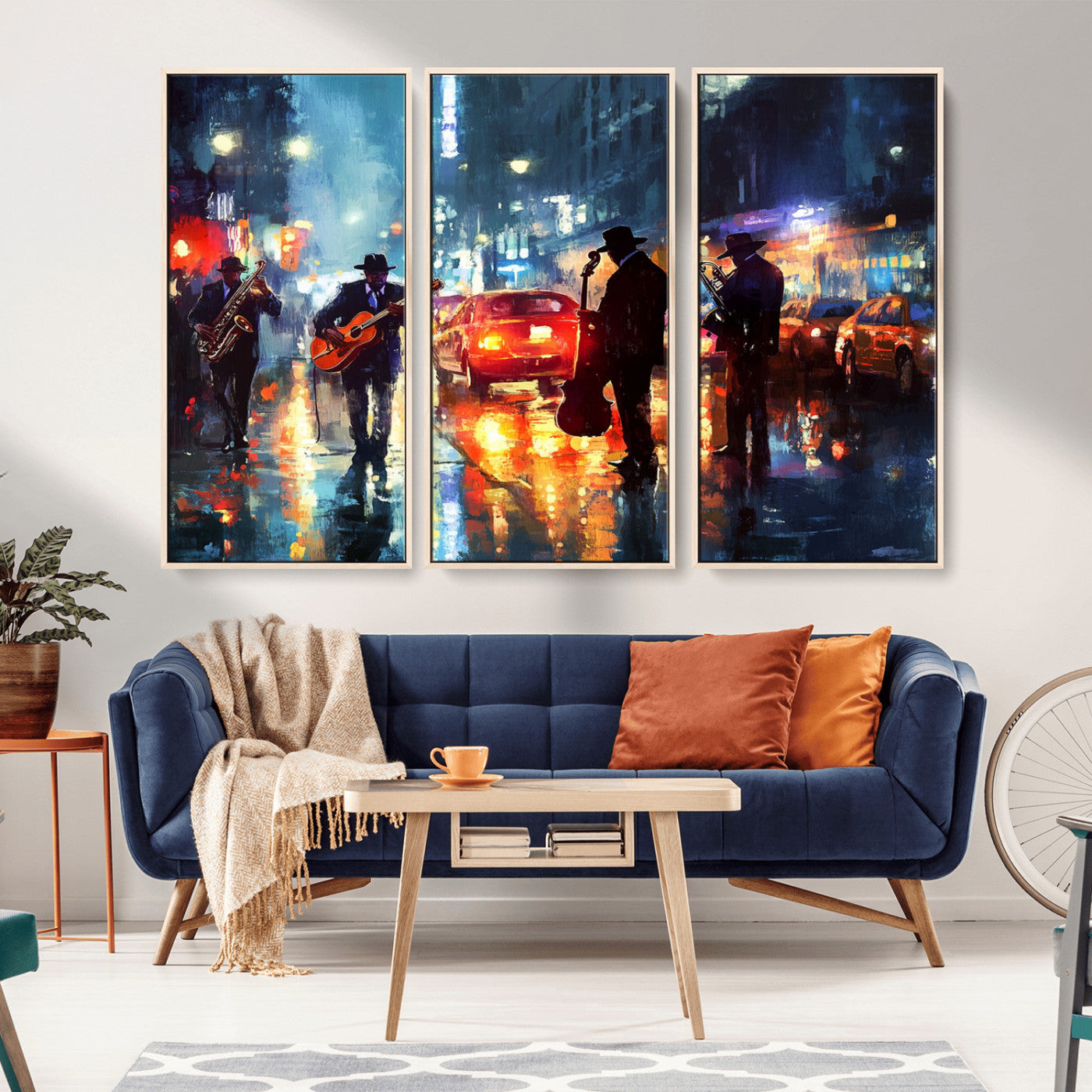94605-MGV-CV-36X24-City Jazz Night Wall Art – Vibrant Music Canvas Print Featuring Saxophone, Guitar and Bass Players, Urban Street Scene Artwork for