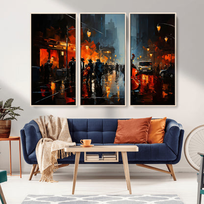46538-MGV-CV-36X24-Urban Jazz Night Wall Art – Dramatic Music Canvas Print with Double Bass and Street Musicians, Modern City Scene Artwork for
