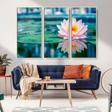 65933-MGV-CV-36X24-Pink Water Lily Wall Art – Lotus Flower Canvas Print with Reflection on Calm Water, Peaceful Botanical Artwork for Living Room,
