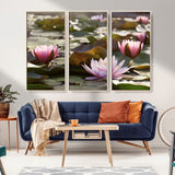 72218-MGV-CV-36X24-Water Lily Pond Wall Art – Pink Lotus Flowers Canvas Print with Green Lily Pads, Peaceful Botanical Artwork for Living Room,