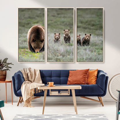 65087B-MGV-CV-36X24-Bear Family Wall Art – Wildlife Canvas Print Featuring Mother Bear with Cubs in Nature, Rustic Animal Artwork for Living Room,